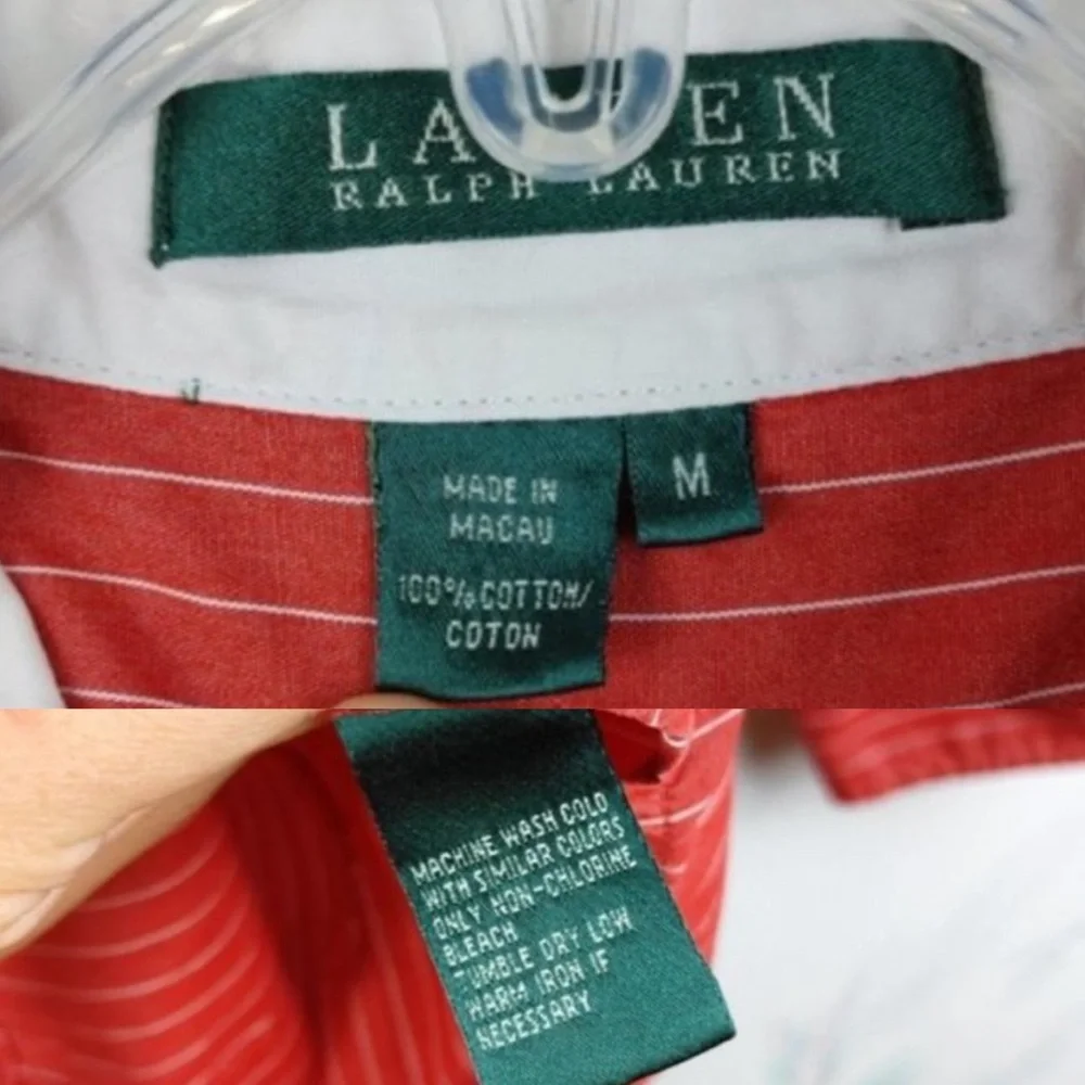 Lauren Ralph Lauren Red Striped Button Down Shirt Split Sleeves Collared Medium - Picture 8 of 8